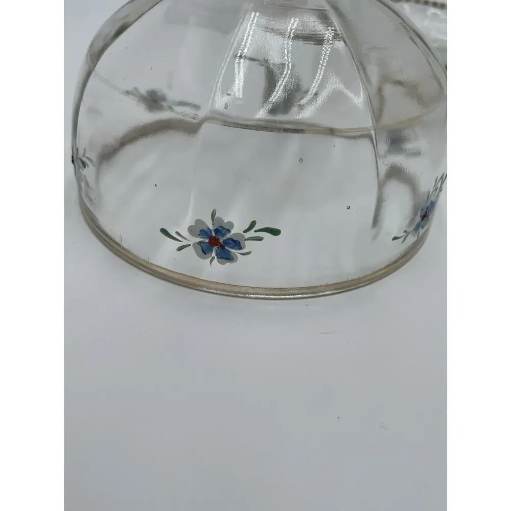 Vintage Glass Dome Butter Dish Hand Painted Blue Flowers Gold Trim